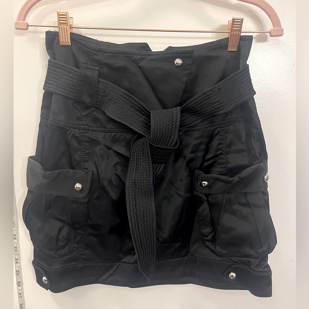 KAREN MILLEN satin black utility skirt with tie belt